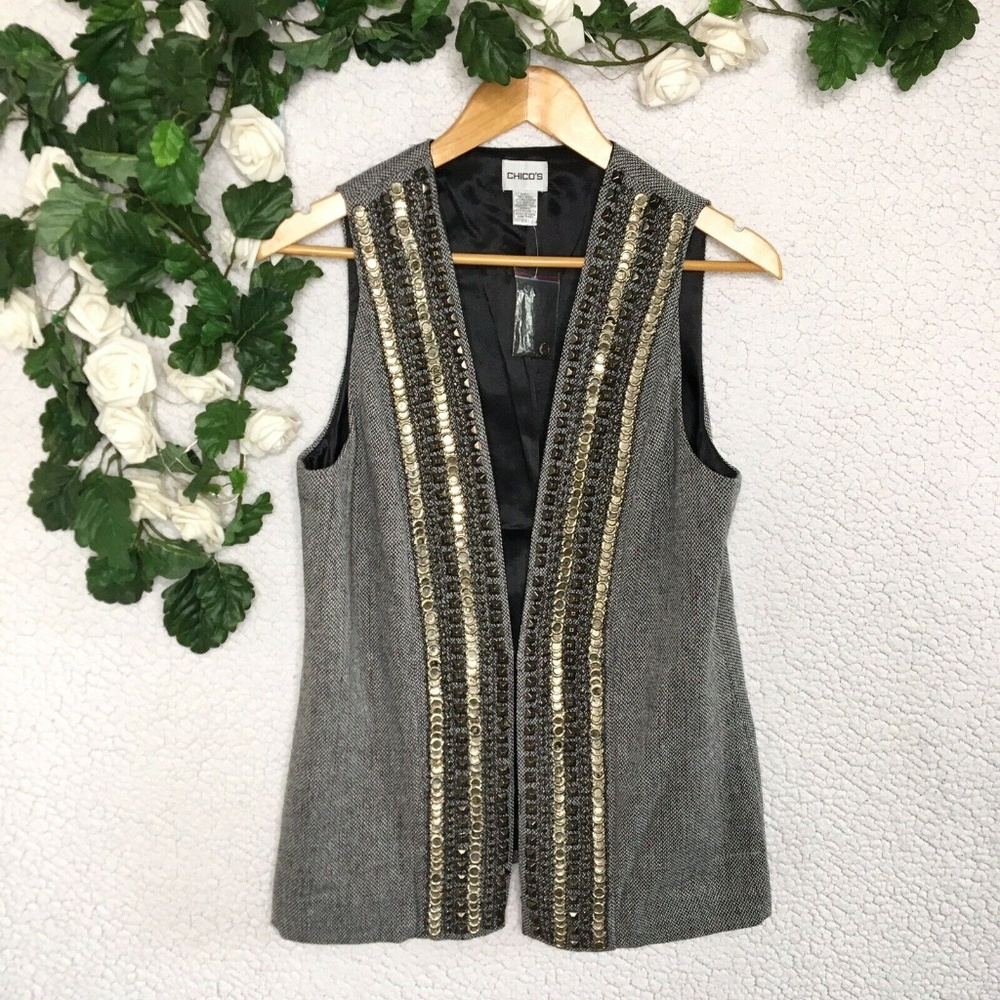 Chicos Gray Vest Beaded Metal Embellished Wool Blend Tweed Herringbone Sz S